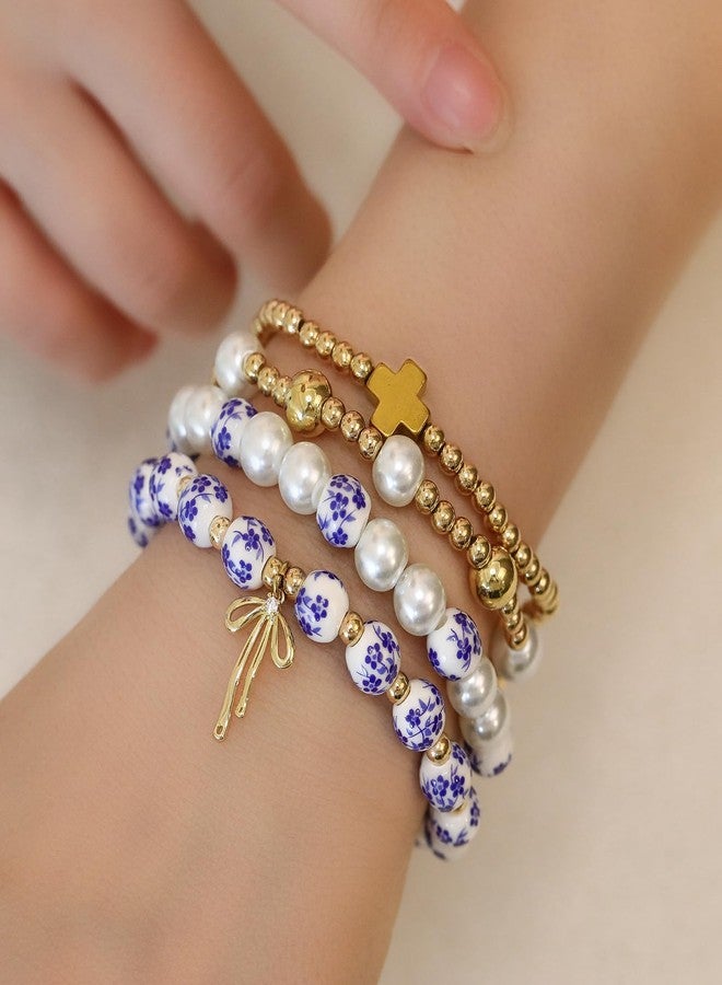 GLMOCM Gold Bow Bracelet for Women Beaded Bow Charm Bracelets Pearl Bow Stretch Bracelets Gold Bead Stackable Bracelet Fashion Jewelry for Women (4 Pieces Blue) - Image 3
